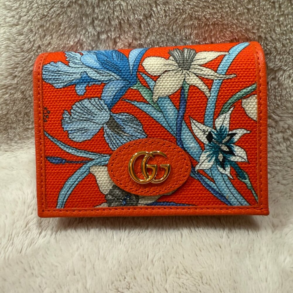 Gucci Orange Floral Printed Leather Wallet with Gold GG Logo
